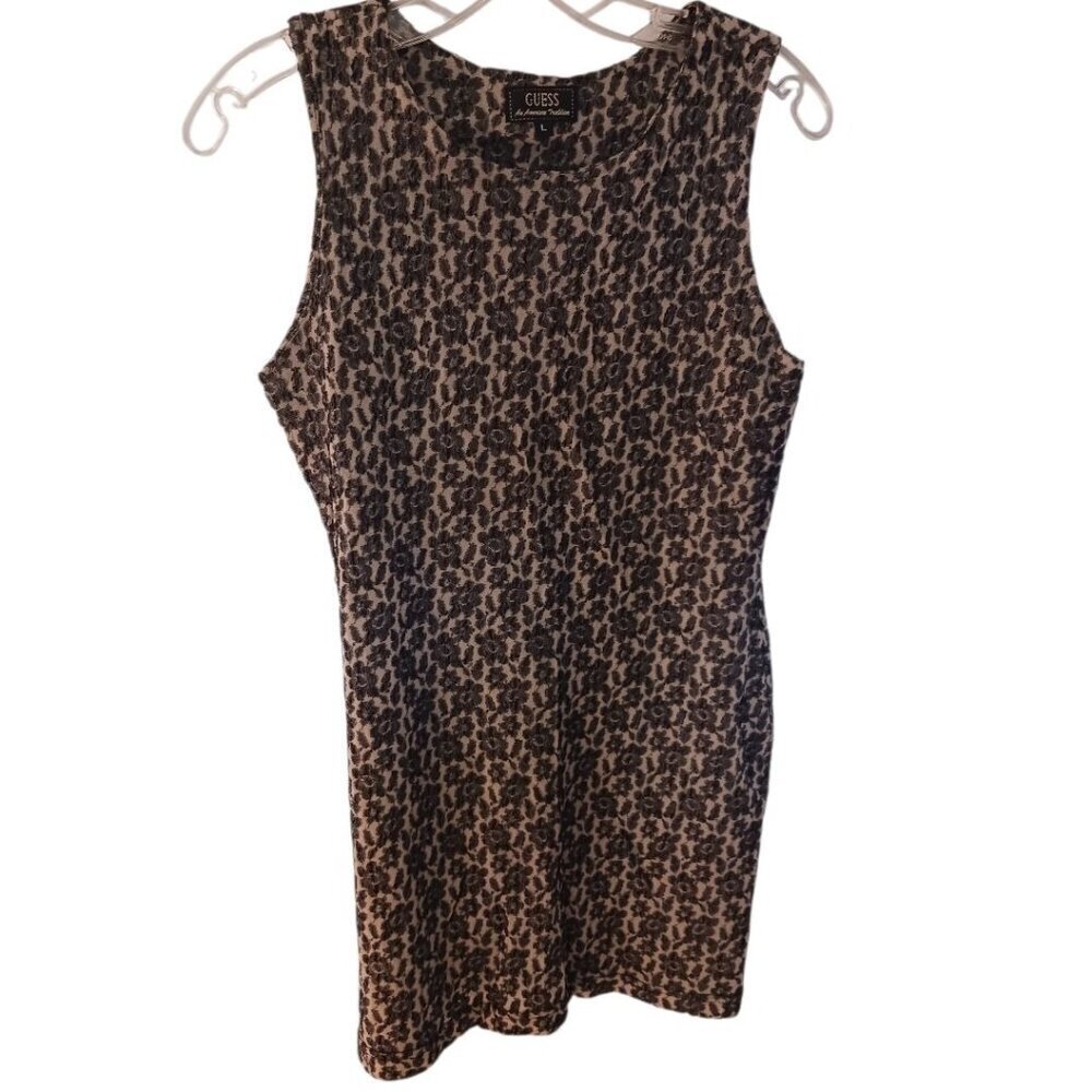 Guess Floral Print Sleeveless Bodycon Dress In Black /Beige  Large